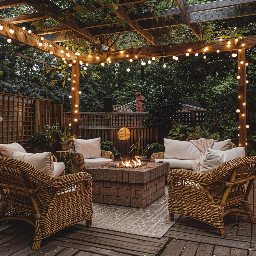 cozy backyard patio with string lights